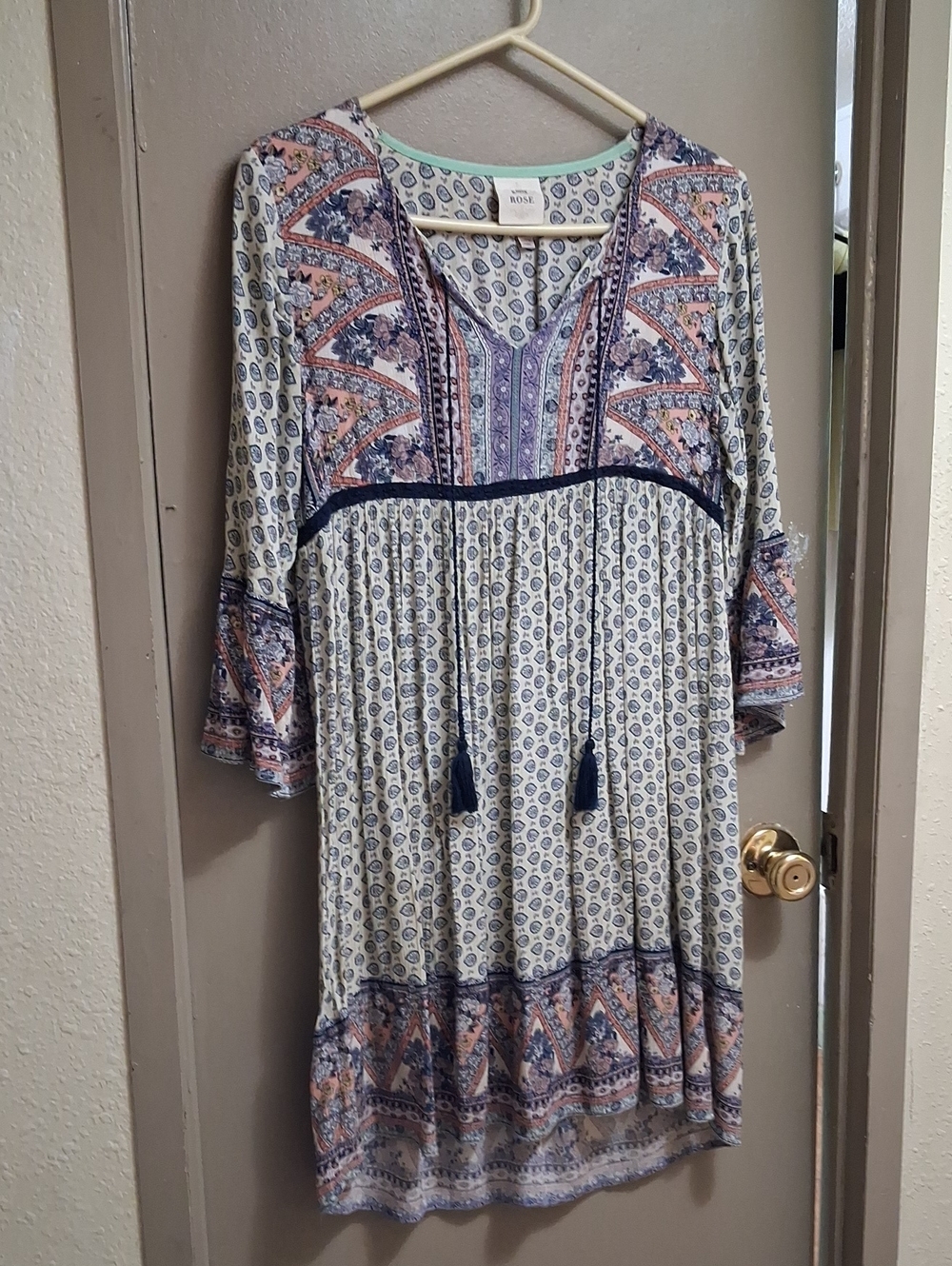 Knox Rose Multicolor Boho Print Tunic — Navy, Coral & Mint